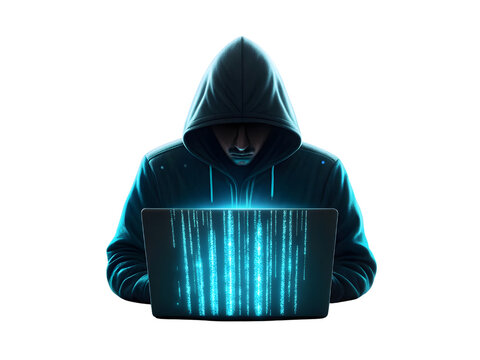 A hooded hacker using a laptop for cybercrime activity isolated on transparent background, PNG