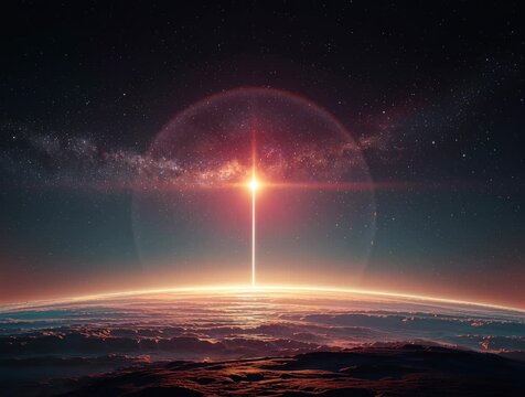 light ascending from earth into the night sky and then into deep in space