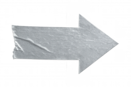 Silver gray duct tape arrow pointing rightward, transparent background, indicating directional guidance and navigational purpose