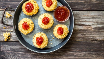 Small, light-colored muffins in a dark metal pan, topped with a red sauce