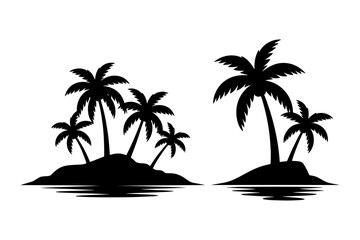silhouette of palm trees on tropical island setting 