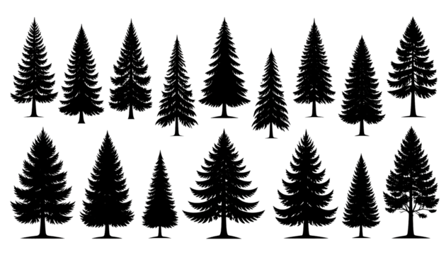 Pine tree silhouette collection on white background