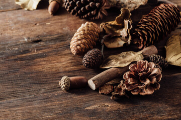 Natural Elements Display on Rustic Wooden Surface with Pinecones