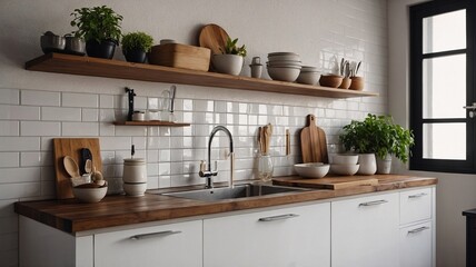 Minimalist kitchen with wooden shelves and elegant white dishware showcasing a serene and modern atmosphere.