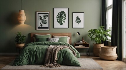 Stylish modern bedroom with green tones and tropical decor, featuring a cozy bed and plants for a serene atmosphere.