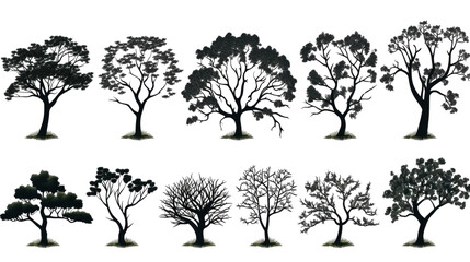 Title: Vector set of trees shrubberies and flowers silhouette collection isolated on white background