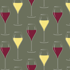 White and Red Wine in elegant Stemmed Glass Seamless Pattern on trendy soft Green Wine Day Backdrop
