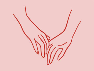 Vector illustration of two hands touching a circle. Minimalist line art style. Colored 
