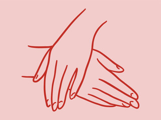 Vector illustration of two hands touching a circle. Minimalist line art style. Colored 