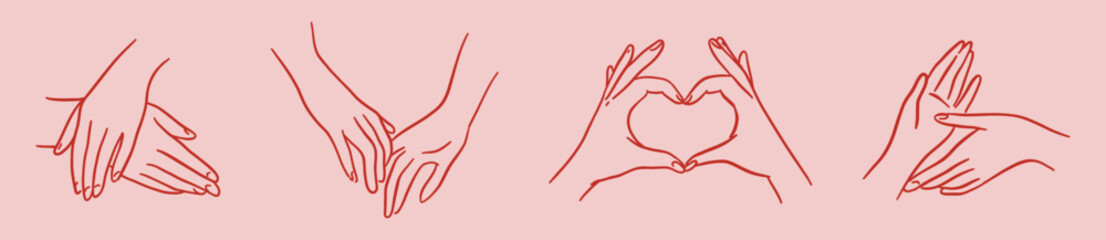 Vector illustration of two hands touching a circle, showing a heart. Minimalist line art style. Colored background. 