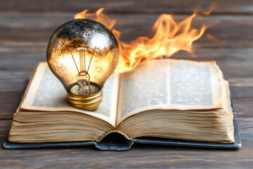 Reading as a path to self-development with a book and a burning light bulb on a wooden table
