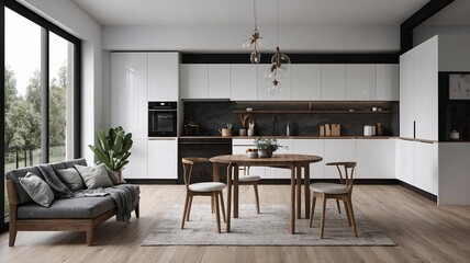 Fototapeta premium Modern kitchen with minimalist design featuring a wooden dining table and stylish decor.