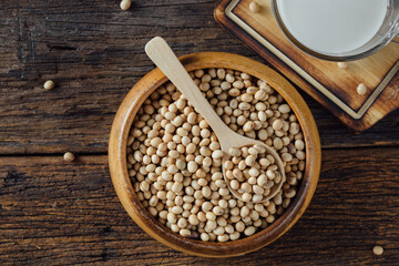 Fresh Organic Soybeans in Wooden Bowl with Spoon and Soy Milk
