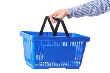 Female hand with blue shopping basket on white background