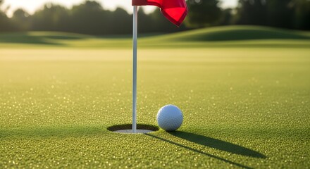Obraz premium A golf ball rests near the hole with a red flag on a sunny green course.