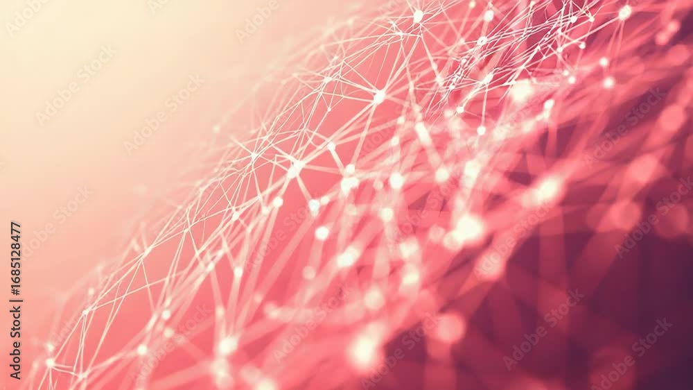 Poster network mesh connecting points of light in red gradient background