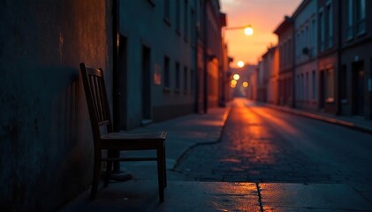 An empty chair sits beside a dimly lit window, overlooking a deserted street at twilight, symbolizing profound isolation and the finality of solitude , dying, hopelessness