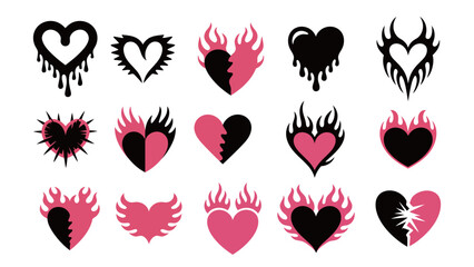 Collection of Stylized Flaming Hearts and Dripping Hearts for Design Projects