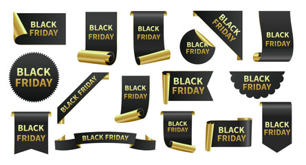 Black Friday sale ribbon labels with golden design. Special discount price tags, corner curl bookmarks with Black Friday text. Set of shopping banner offer and stickers vector illustration.