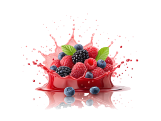 Berries splashing in red liquid isolated on transparent background, PNG