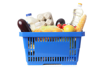 Blue shopping basket with different fresh products on white background