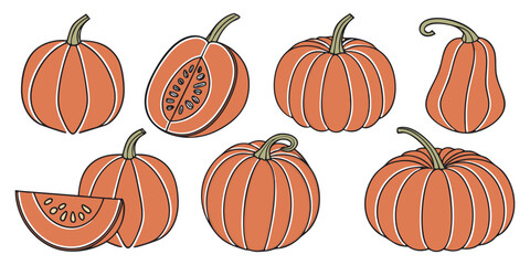 A collection of realistic pumpkins in various natural shapes and sizes, arranged in rows on a clean white background. The pumpkins are deep orange in color with distinct ridges and green stems. Some a