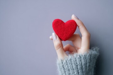 Fototapeta premium A delicate, red heart-shaped object is held gently in a woman's hand adorned with a soft gray knit sleeve against a muted gray background.