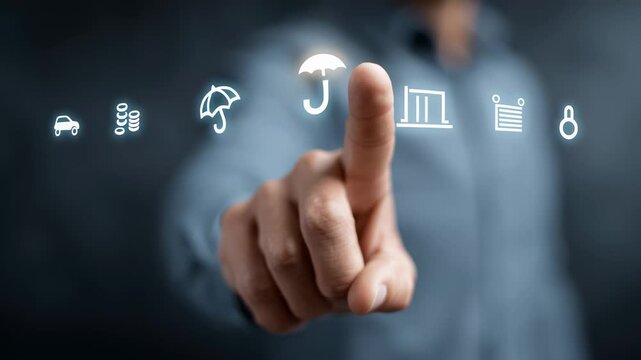 Chest-level shot of a businessperson pointing forward, bright holographic shield icons layered with clean vector-style car insurance policy icons