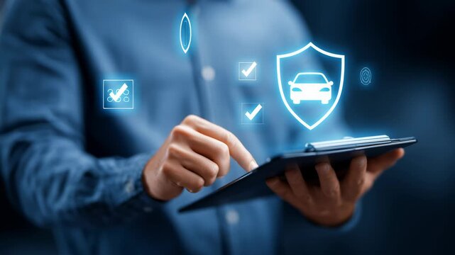 Half-body chest shot holding a digital clipboard, holographic car insurance checkmark and shield icons floating forward