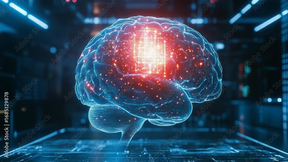 Poster artificial intelligence processing data inside a digital human brain inside server room