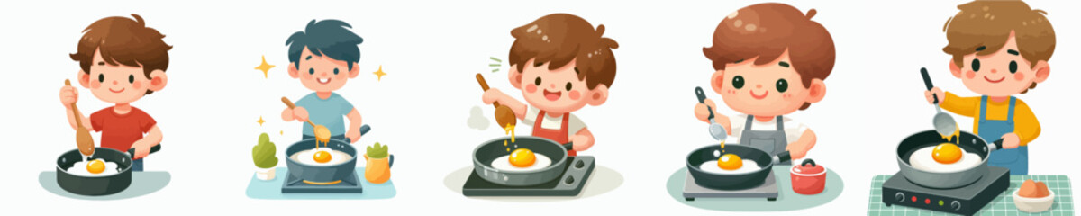 vector of a little boy frying a sunny side up egg