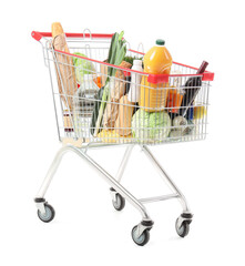 Shopping cart with different fresh products on white background