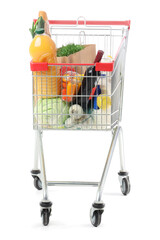 Shopping cart with different fresh products on white background