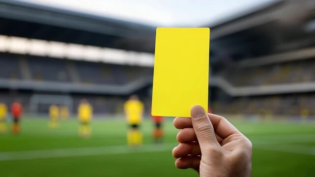 Hand holding a referee yellow soccer record player foul card in the middle of a soccer game, Referee showing a yellow card at a soccer game	