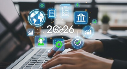 Naklejka premium Future Planning – Strategic Goals and Digital Forecast Symbolism, Business, Conceptual, Emotion, Abstract, Laptop Typing Scene and 2026 Target Interface Moment