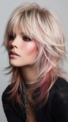 Naklejka premium Stylish Blonde Woman with Pink Highlights and Layered Haircut Modern Fashionable Hairstyle for Women