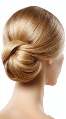Naklejka premium Elegant Low Bun Hairstyle for Women with Blonde Hair Back View Studio Shot