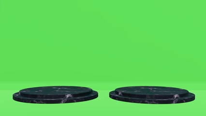Two black circular podiums placed on a bright green background