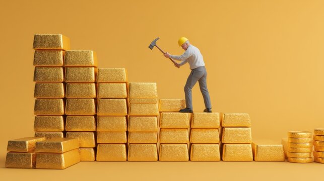 A Man in Hard Hat Ascends Gold Bars Staircase Using a Hammer Symbolizing Financial Growth and Success