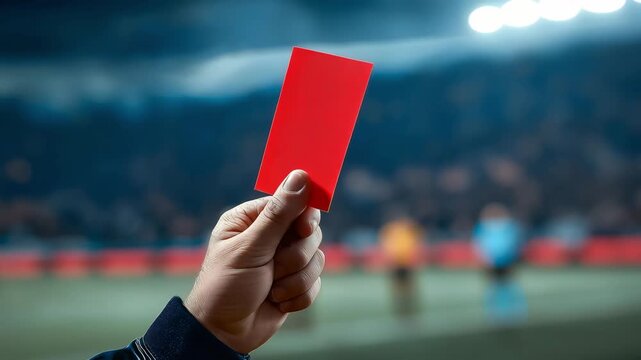 Hand holding a referee red soccer record player foul card in the middle of a soccer game, Red card, Football referee warning and recorded	