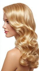 Fototapeta premium Beautiful Woman with Long Blonde Wavy Hair Profile View Studio Shot Perfect for Hair Care and Beauty Products
