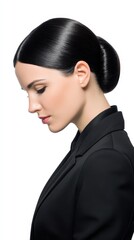 Elegant Woman with Dark Hair in a Neat Bun Wearing a Black Blazer Profile Portrait