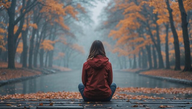 Solitary woman in red hoodie sitting on wooden dock overlooking misty autumn canal lined with golden trees and fallen leaves