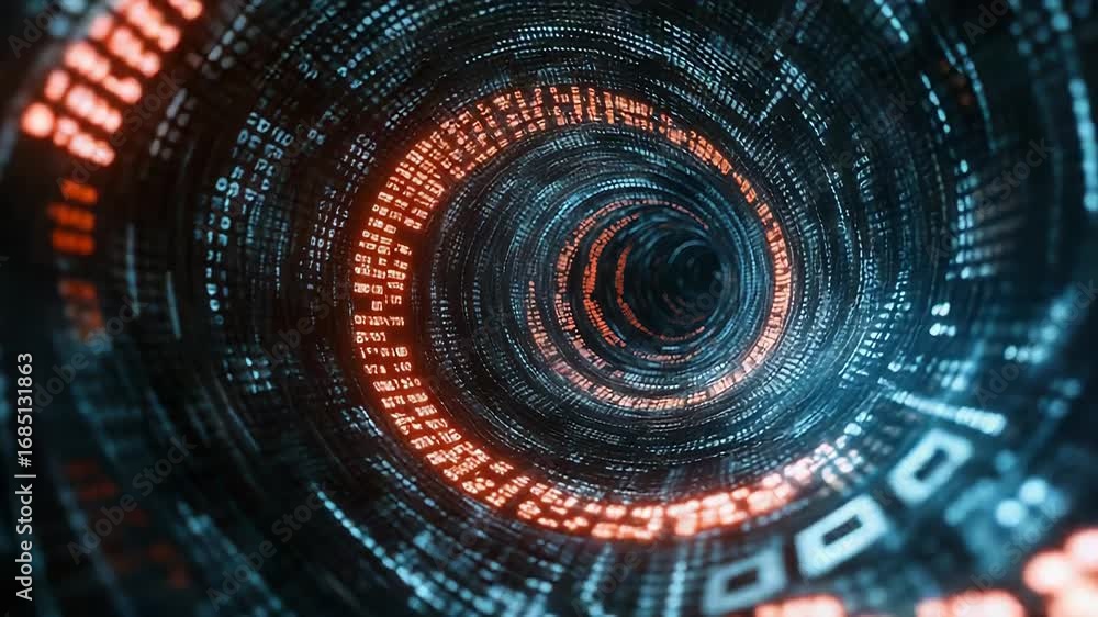 Poster data stream flowing through digital tunnel visualization