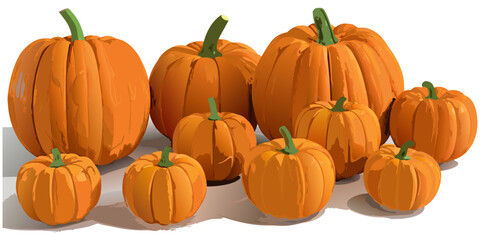 A collection of realistic pumpkins in various natural shapes and sizes, arranged in rows on a clean white background. The pumpkins are deep orange in color with distinct ridges and green stems. Some a