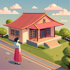 家を見つめる女性