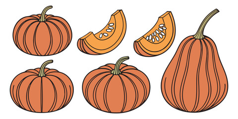 A collection of realistic pumpkins in various natural shapes and sizes, arranged in rows on a clean white background. The pumpkins are deep orange in color with distinct ridges and green stems. Some a