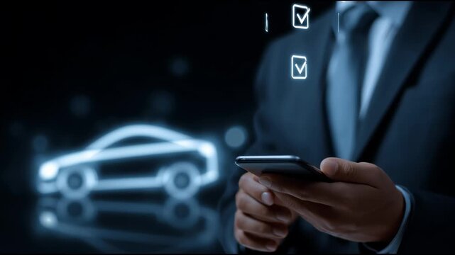 Upper torso view from the neck down, person in a suit holding a smartphone, futuristic neon car coverage icons combined with minimal flat checkmark icons mid-air