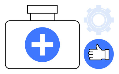 Medical bag with cross symbol, gear icon, and thumbs-up sign. Ideal for healthcare, emergency preparedness, wellness, medical supplies, recovery, service efficiency simple landing page
