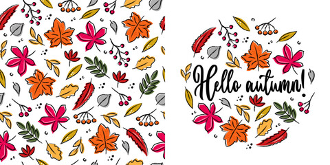 Hello Autumn - set seamless pattern end Circle pattern with inscription inside. Hand drawn colorful crayon leaves white background. 